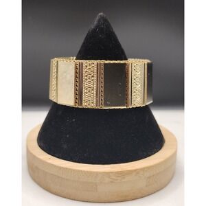 Vintage Gold Tone Mesh Gate Link Bracelet Etched Wide Panel 7.25in Heavy READ